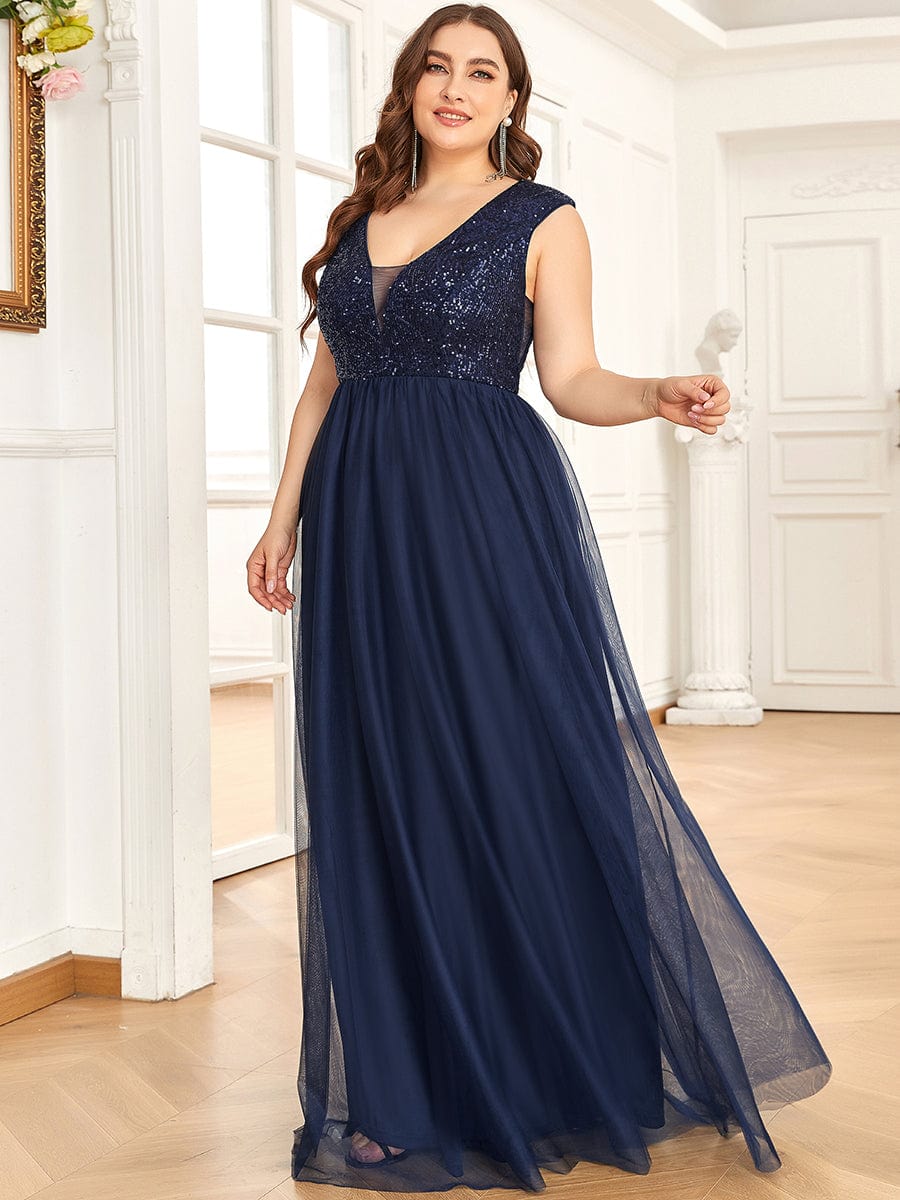 Custom Size Sequin Illusion Plunging V-Neckline Sleeveless A-Line Tulle Evening Dress #color_Navy Blue 