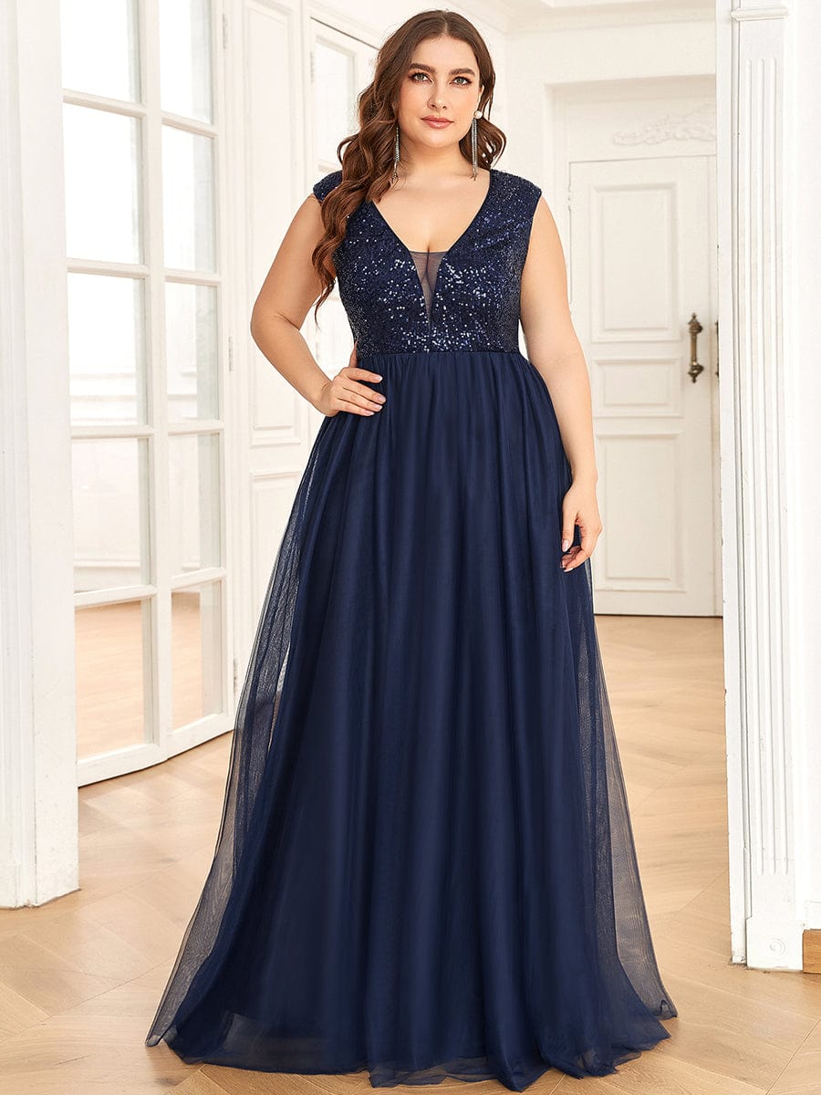 Custom Size Sequin Illusion Plunging V-Neckline Sleeveless A-Line Tulle Evening Dress #color_Navy Blue 