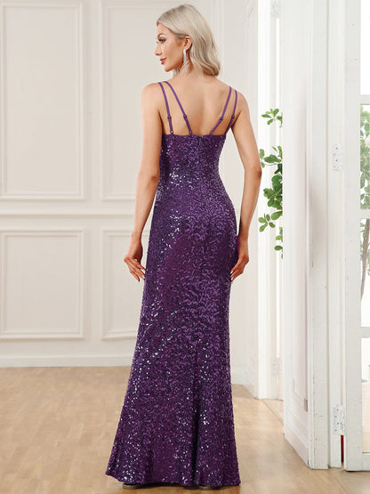 Double Spaghetti Strap Sequin Bodycon Evening Dress #color_Dark Purple