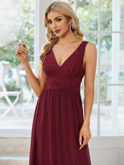 Lace Empire Waist V-Back Sleeveless Chiffon Evening Dress #color_Burgundy