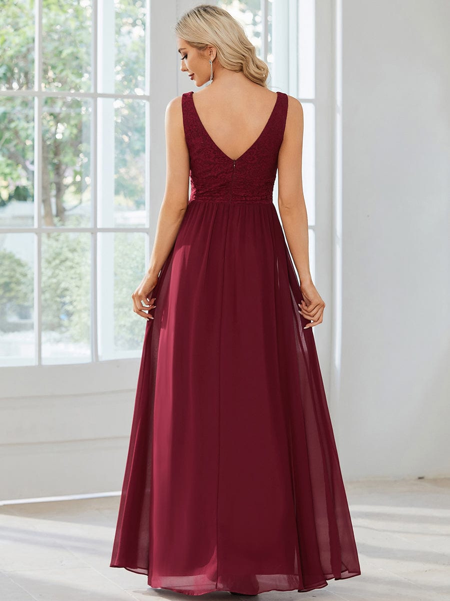 Lace Empire Waist V-Back Sleeveless Chiffon Evening Dress #color_Burgundy