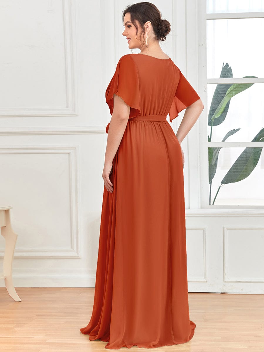 Custom Size Tie-Waist Pleated A-line Evening Dress #color_Burnt Orange