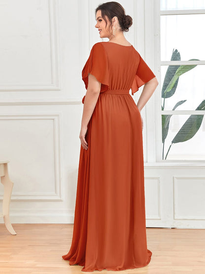 Ruffle Sleeve Tie-Waist Chiffon V-Neck Evening Dress #color_Burnt Orange