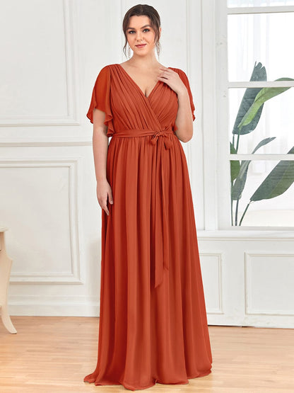 Custom Size Tie-Waist Pleated A-line Evening Dress #color_Burnt Orange