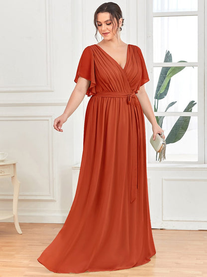 Plus Size Ruffle Pleated Chiffon Tie-Waist Evening Dress #color_Burnt Orange