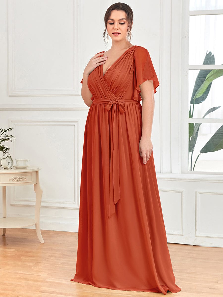 Custom Size Tie-Waist Pleated A-line Evening Dress #color_Burnt Orange