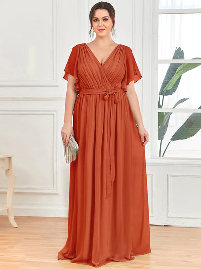 Plus Size Ruffle Pleated Chiffon Tie-Waist Evening Dress #color_Burnt Orange