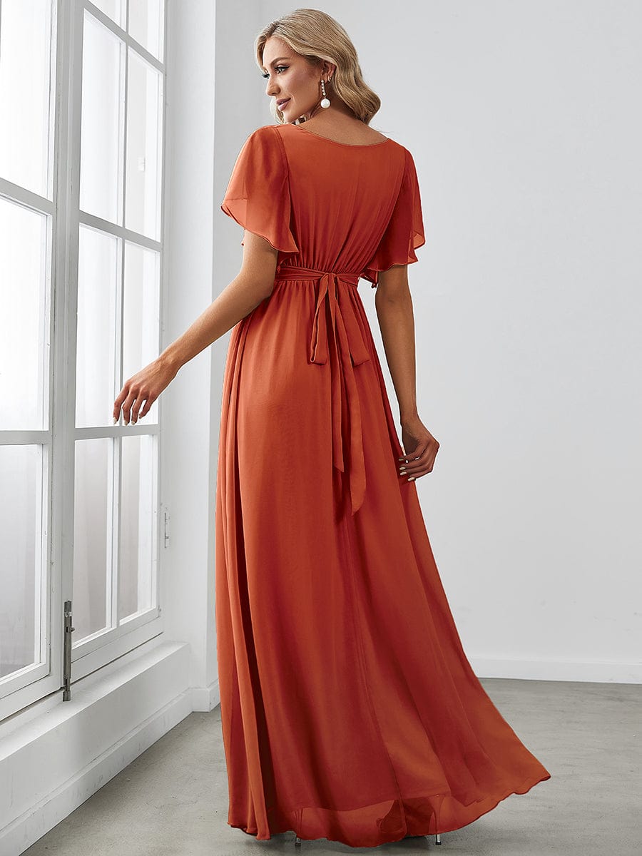 Ruffle Sleeve Tie-Waist Chiffon V-Neck Evening Dress #color_Burnt Orange