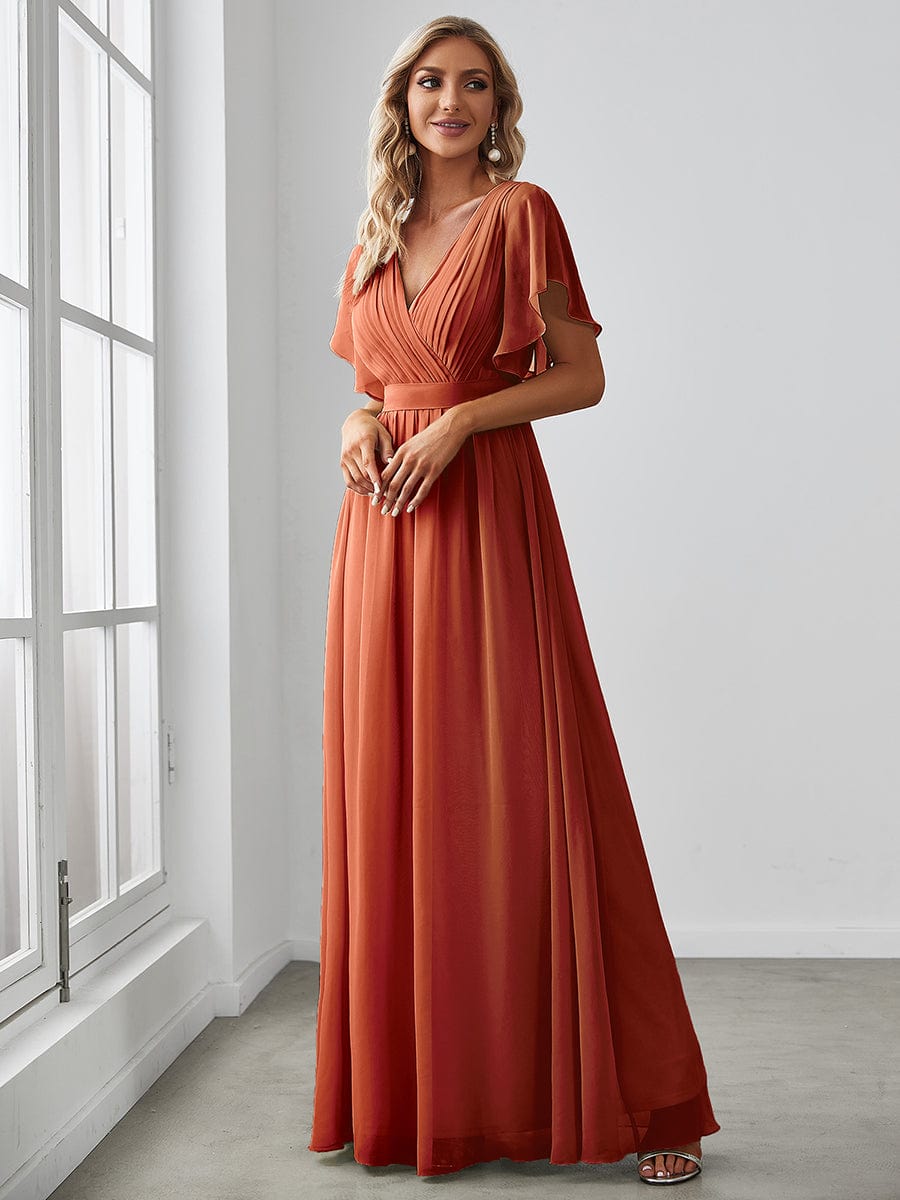 Ruffle Sleeve Tie-Waist Chiffon V-Neck Evening Dress #color_Burnt Orange