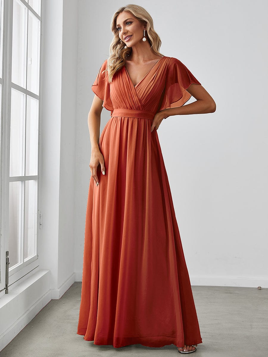 Ruffle Sleeve Tie-Waist Chiffon V-Neck Evening Dress #color_Burnt Orange