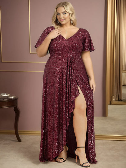 Plus Size Sequin Front Slit V-Neck Short Sleeve Evening Dress #Color_Burgundy