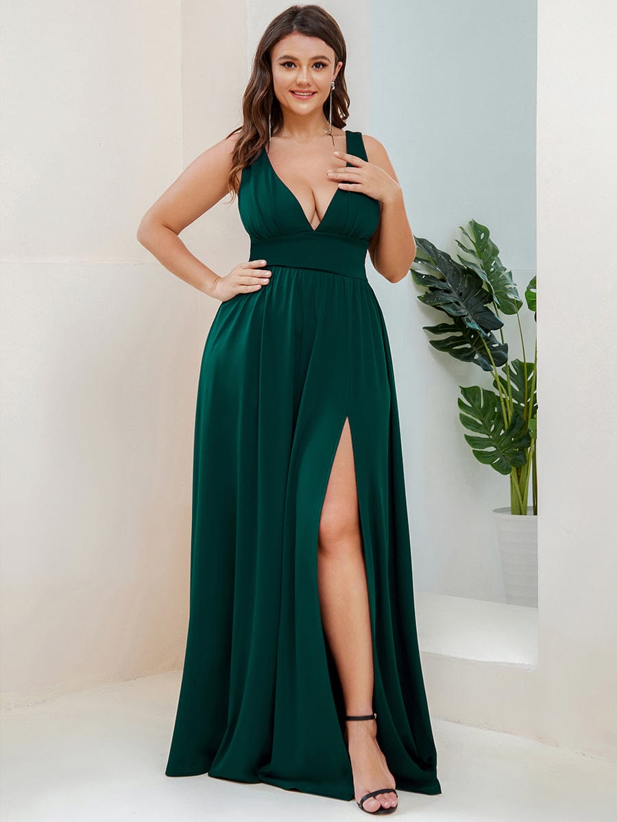 Plus Size Sleeveless V-Neck Empire Waist High Slit Floor-Length Evening Dress #color_Dark Green