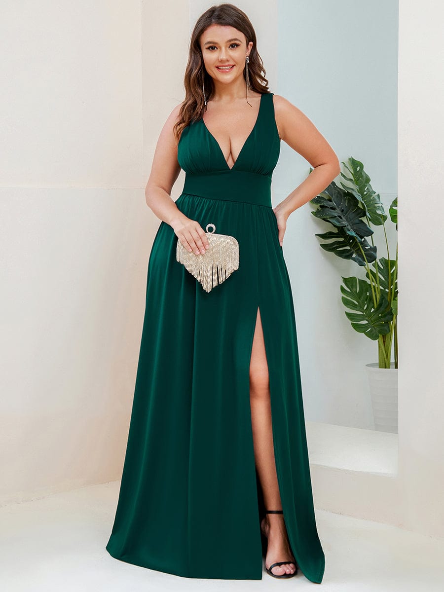 Plus Size Sleeveless V-Neck Empire Waist High Slit Floor-Length Evening Dress