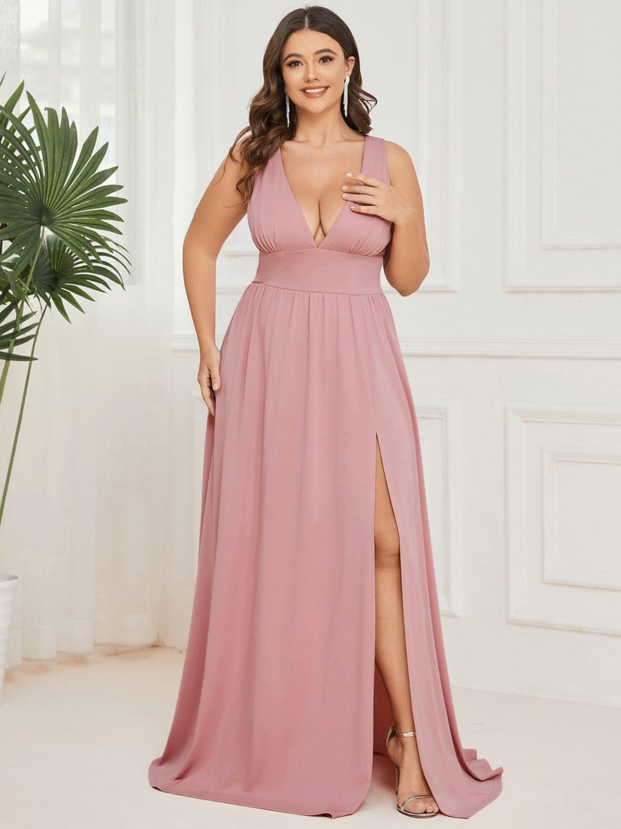 Custom Size Deep V-Neck Empire Waist Sleeveless Simple Evening Dress #color_Dusty Rose