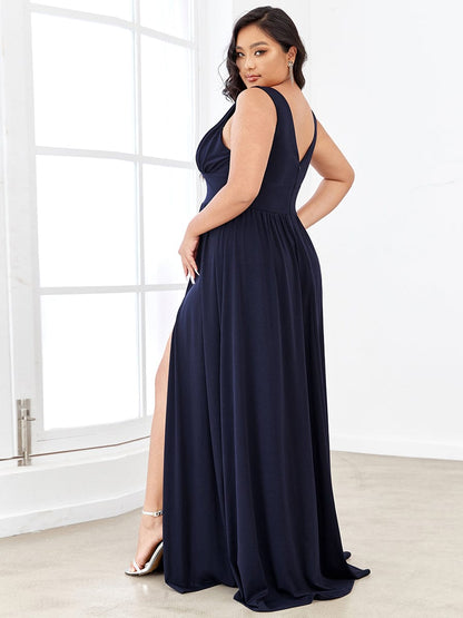 Sleeveless V-Neck Empire Waist High Slit Floor-Length Evening Dress #color_Navy Blue 