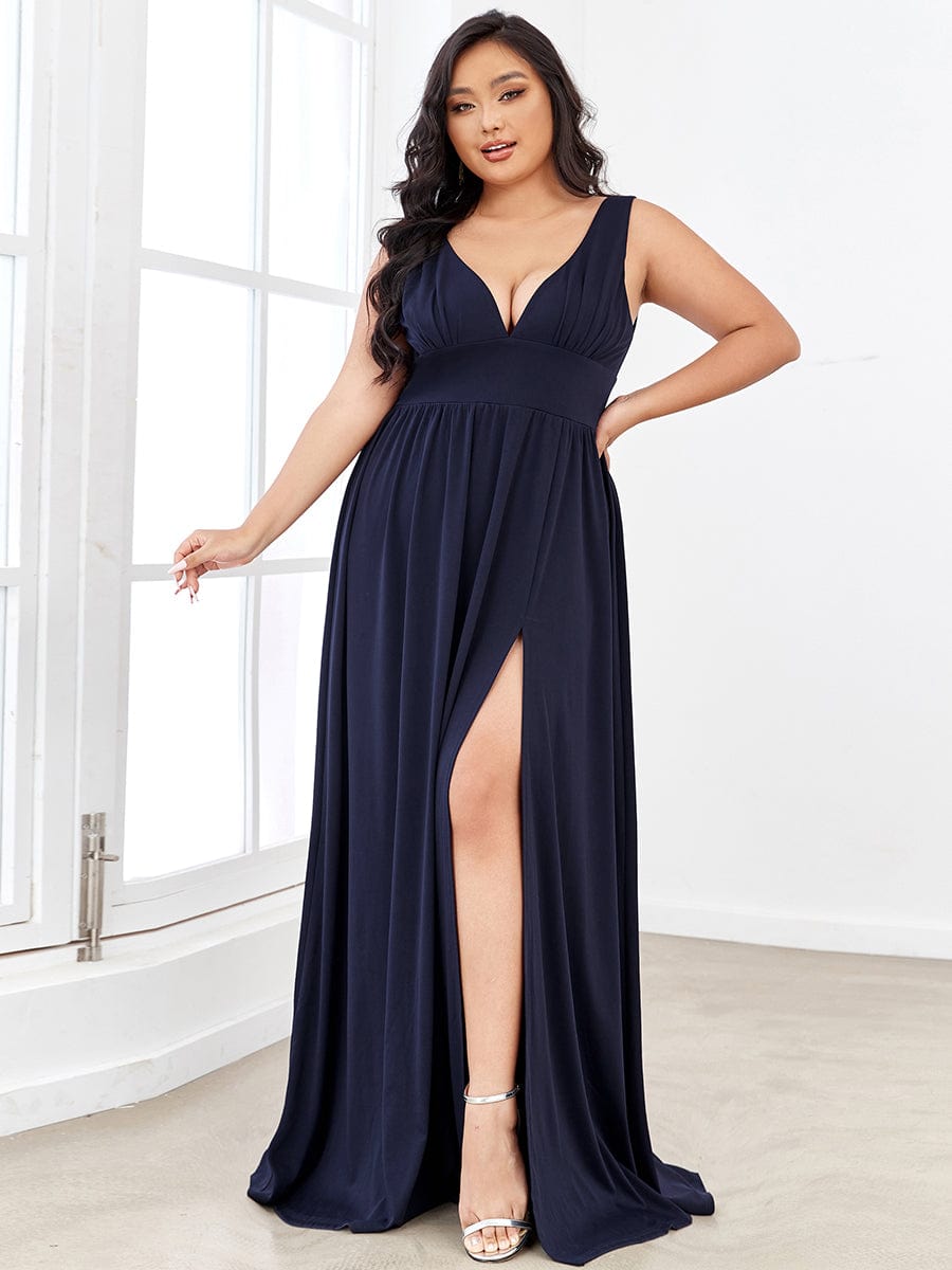 Sleeveless V-Neck Empire Waist High Slit Floor-Length Evening Dress #color_Navy Blue 