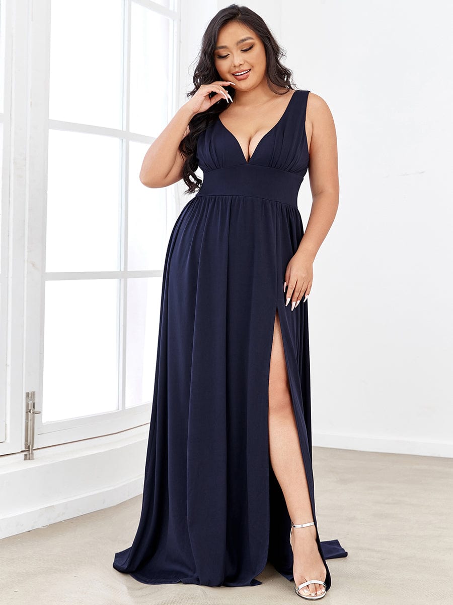 Plus Size Sleeveless V-Neck Empire Waist High Slit Floor-Length Evening Dress #color_Navy Blue 