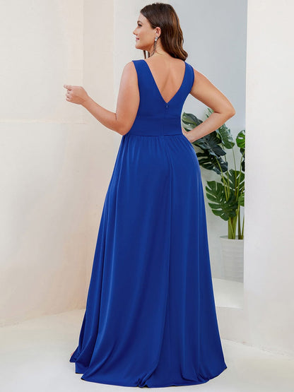 Plus Size Sleeveless V-Neck Empire Waist High Slit Floor-Length Evening Dress #color_Sapphire Blue