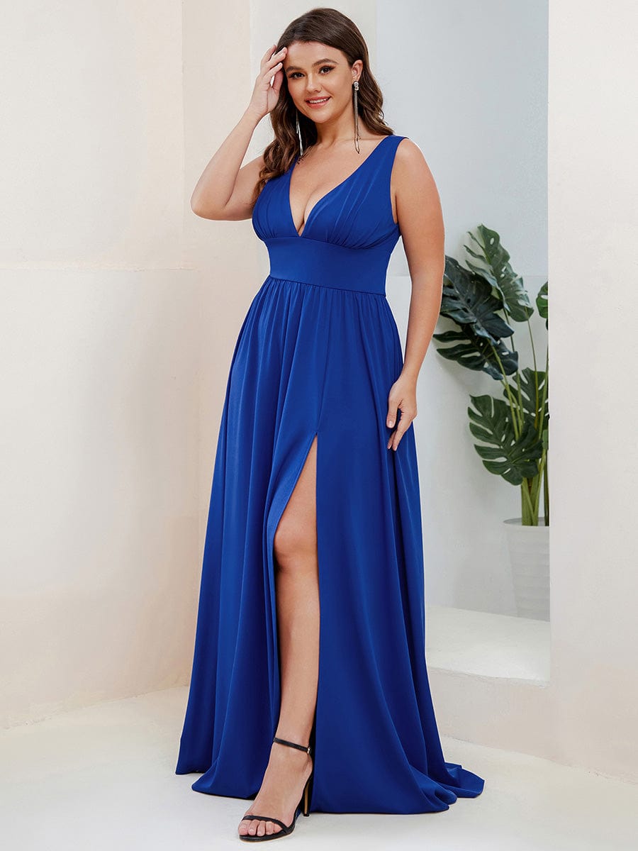 Plus Size Sleeveless V-Neck Empire Waist High Slit Floor-Length Evening Dress #color_Sapphire Blue