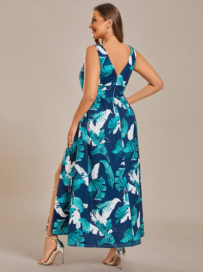 Summer Floral Sleeveless High-Slit Midi Evening Dress #color_Navy Green