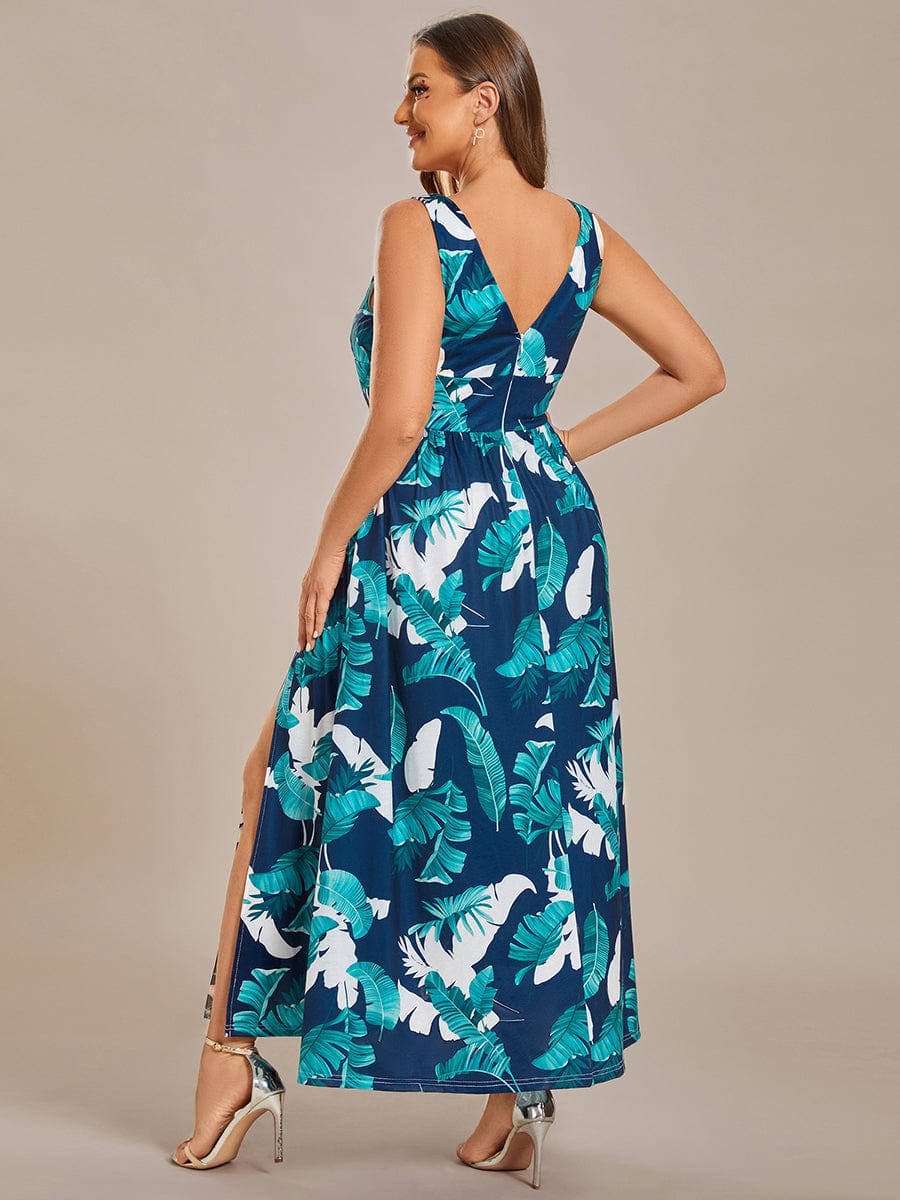 Plus Size Floral Sleeveless High-Slit Midi Evening Dress #color_Navy Green