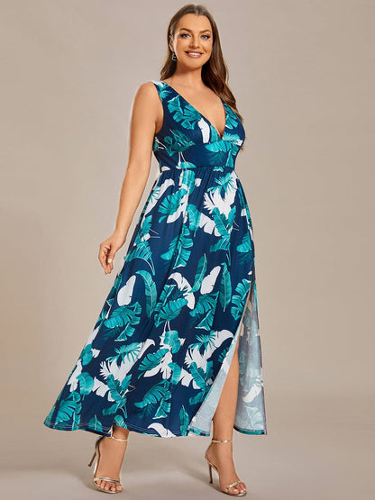 Summer Floral Sleeveless High-Slit Midi Evening Dress #color_Navy Green