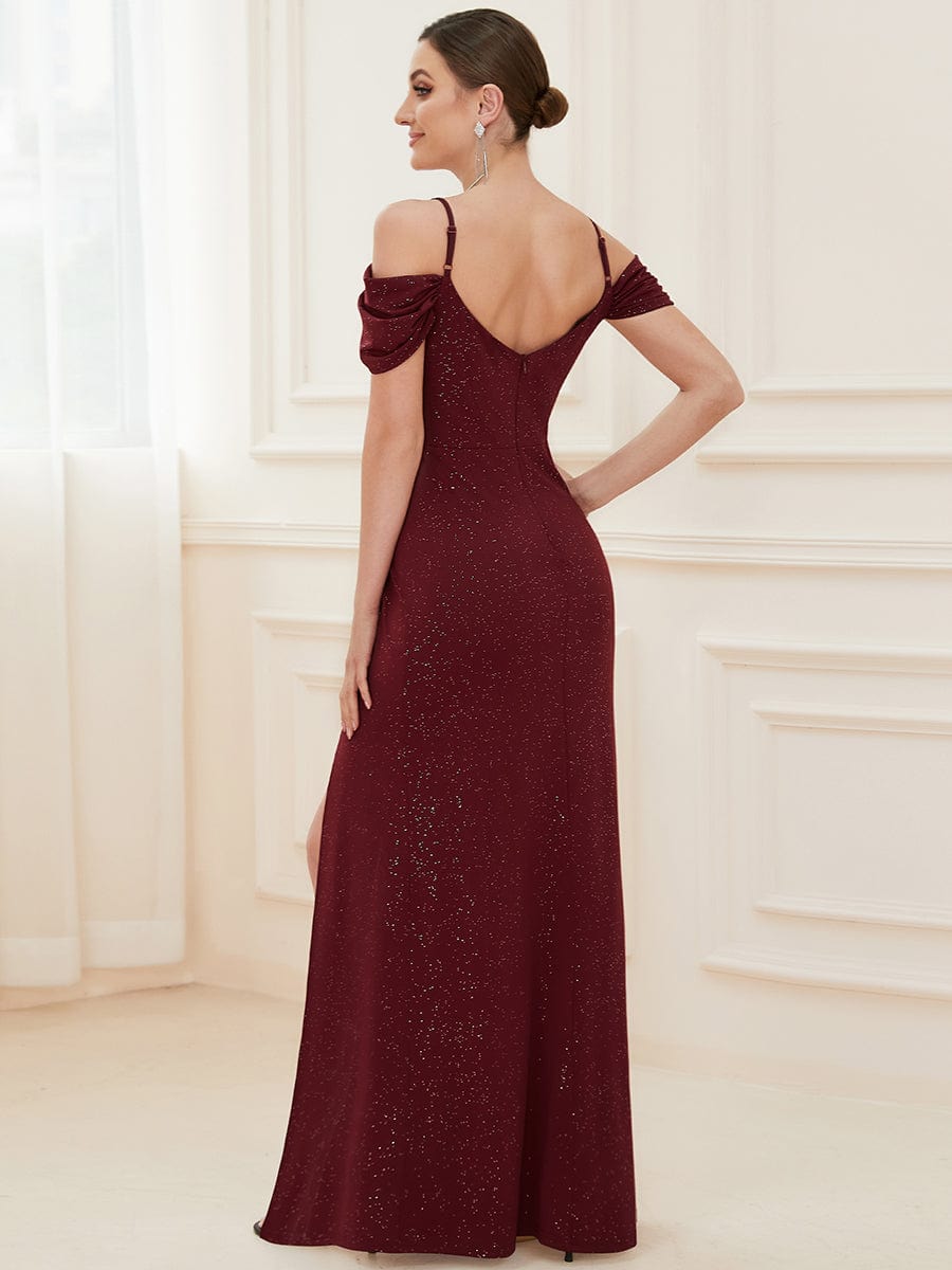 V-Neck Cold Shoulder Floor-Length Evening Dress #color_Burgundy 