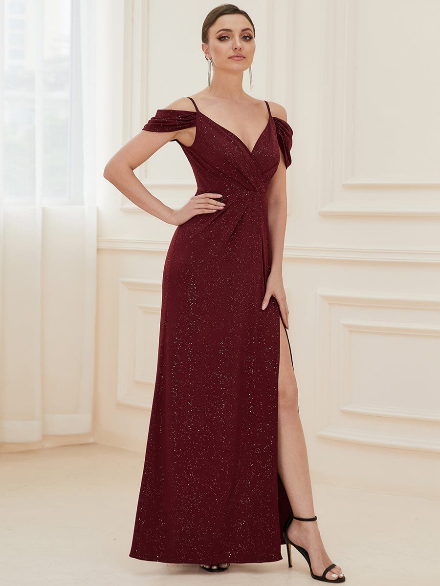 V-Neck Cold Shoulder Floor-Length Evening Dress #color_Burgundy 