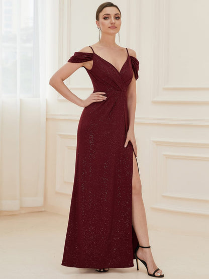 V-Neck Cold Shoulder Floor-Length Evening Dress #color_Burgundy 