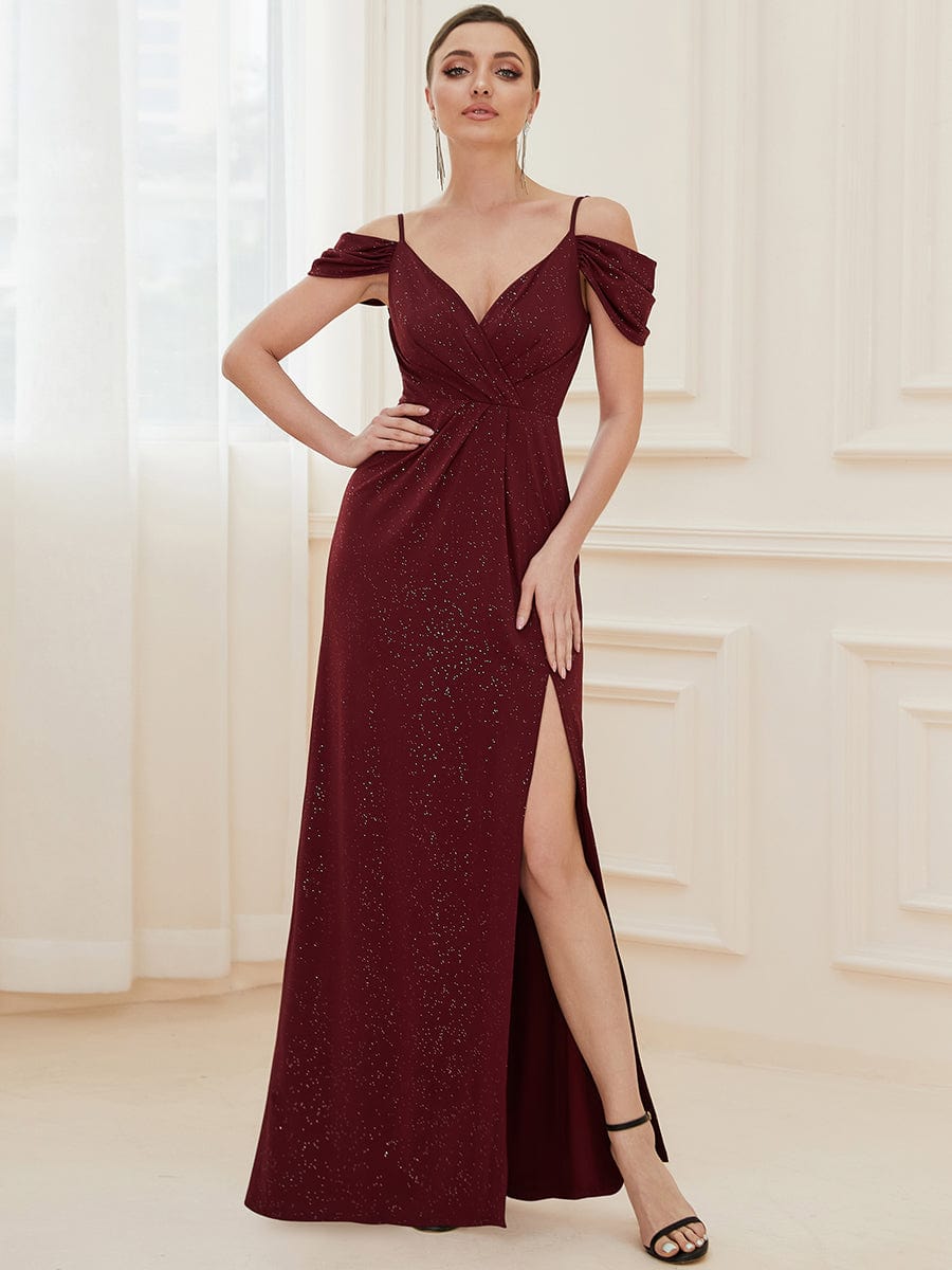 V-Neck Cold Shoulder Floor-Length Evening Dress #color_Burgundy 