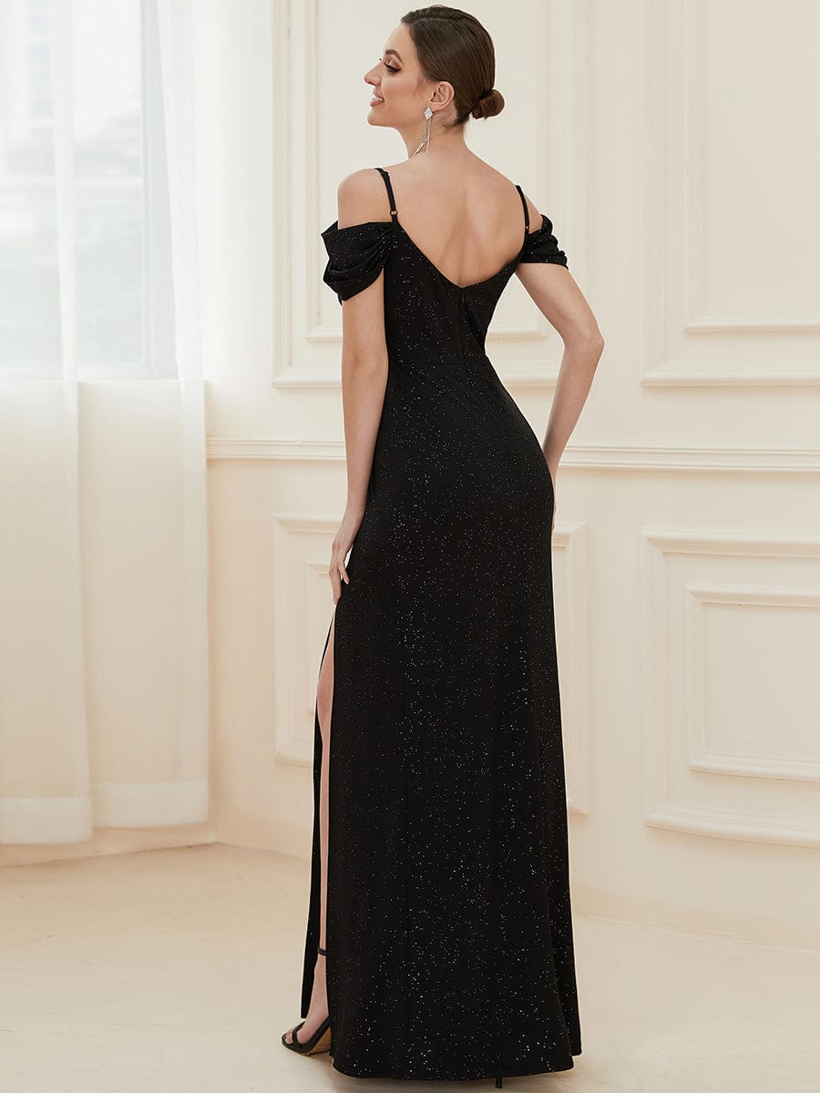 V-Neck Cold Shoulder Floor-Length Evening Dress #color_Black 