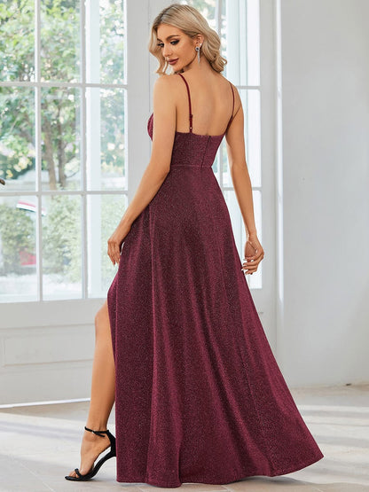 Spaghetti Strap Front Slit Shiny Evening Dress #color_Burgundy