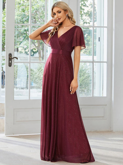 Sparkling Short Sleeve V-Neck Ribbon Waist A-Line Evening Dress #color_Burgundy