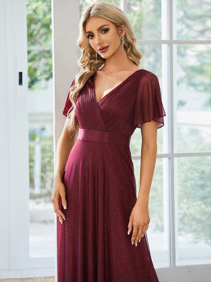 Sparkling Short Sleeve V-Neck Ribbon Waist A-Line Evening Dress #color_Burgundy