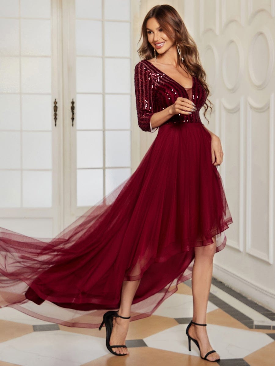 3/4 Sleeve Sheer Sequin Stripe High Low Hem Evening Dress #color_Burgundy