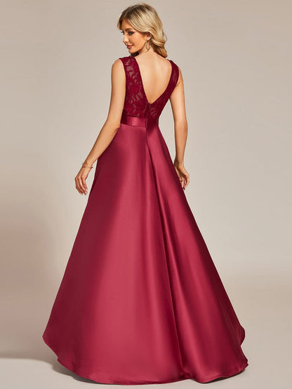 Elegant Sleeveless High-low Lace Top Wedding Guest Dress #color_Burgundy