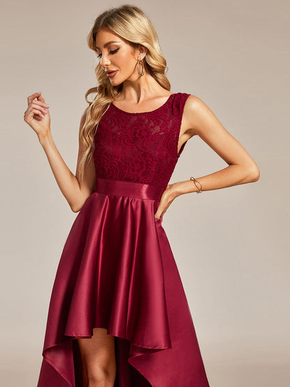 Elegant Sleeveless High-low Lace Top Wedding Guest Dress #color_Burgundy