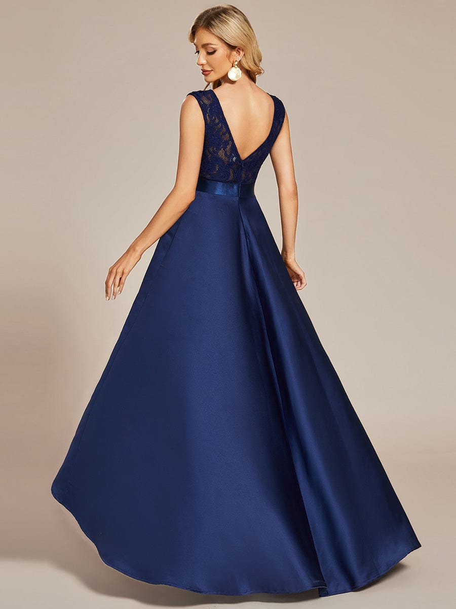 Elegant Sleeveless High-low Lace Top Wedding Guest Dress #color_Navy Blue