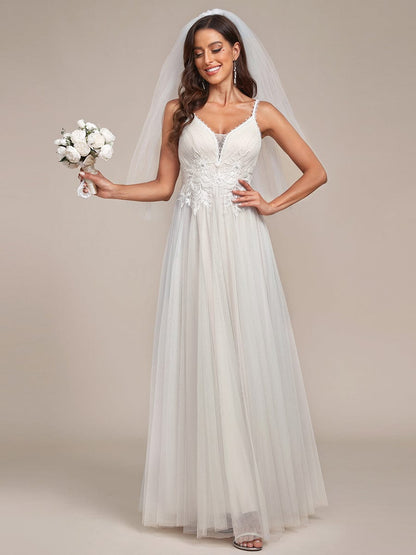 Tulle Floral Spaghetti Strap Illusion V-Neck A-Line Wedding Dress