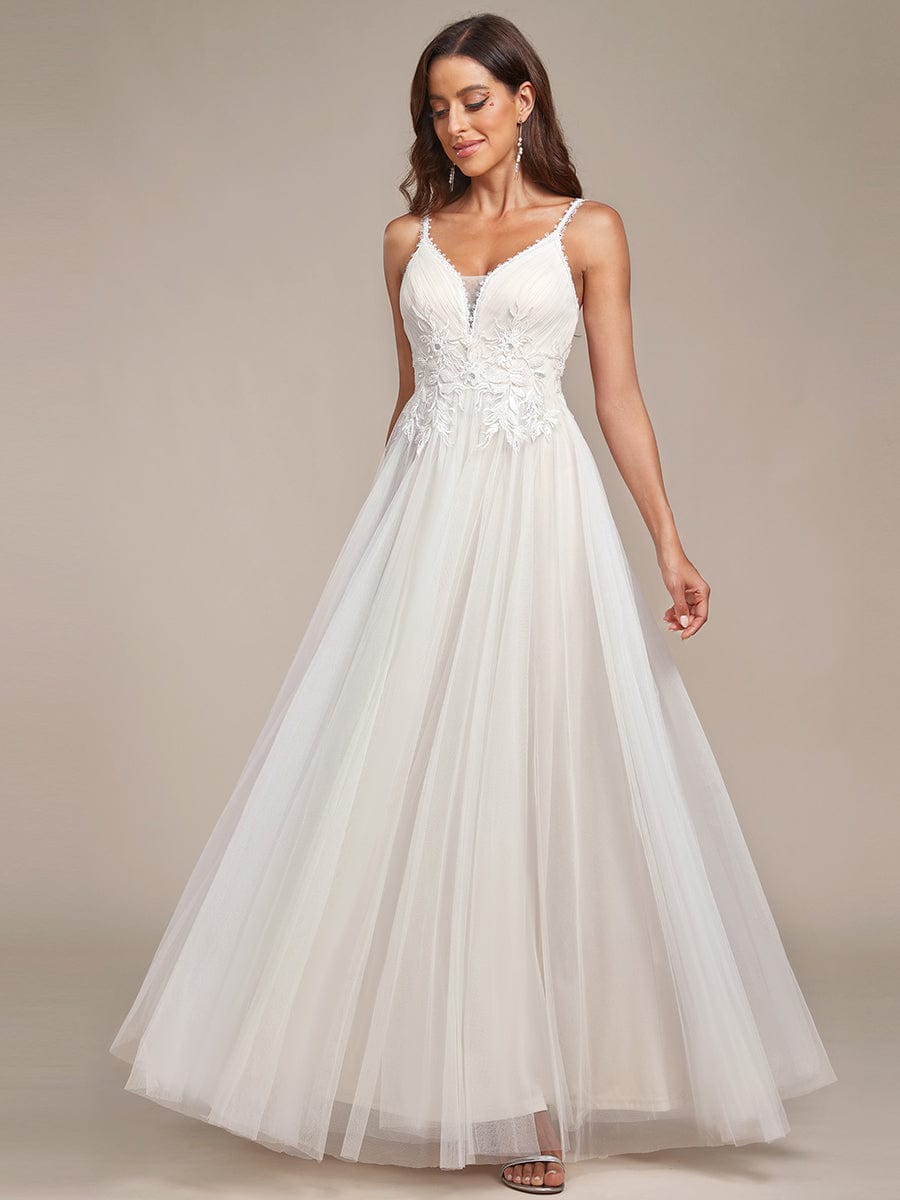 Tulle Floral Spaghetti Strap Illusion V-Neck A-Line Wedding Dress #color_Ivory