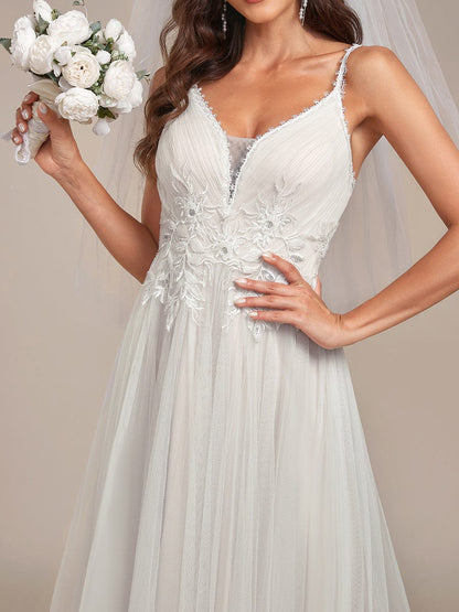 Tulle Floral Spaghetti Strap Illusion V-Neck A-Line Wedding Dress #color_Ivory