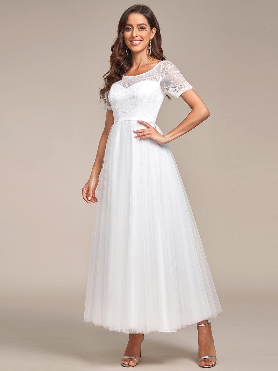 Short Sleeve Corset Lace-Up A-Line Wedding Dress #Color_White