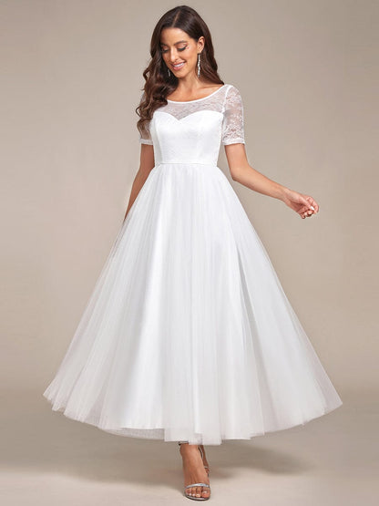 Short Sleeve Corset Lace-Up A-Line Wedding Dress #Color_White