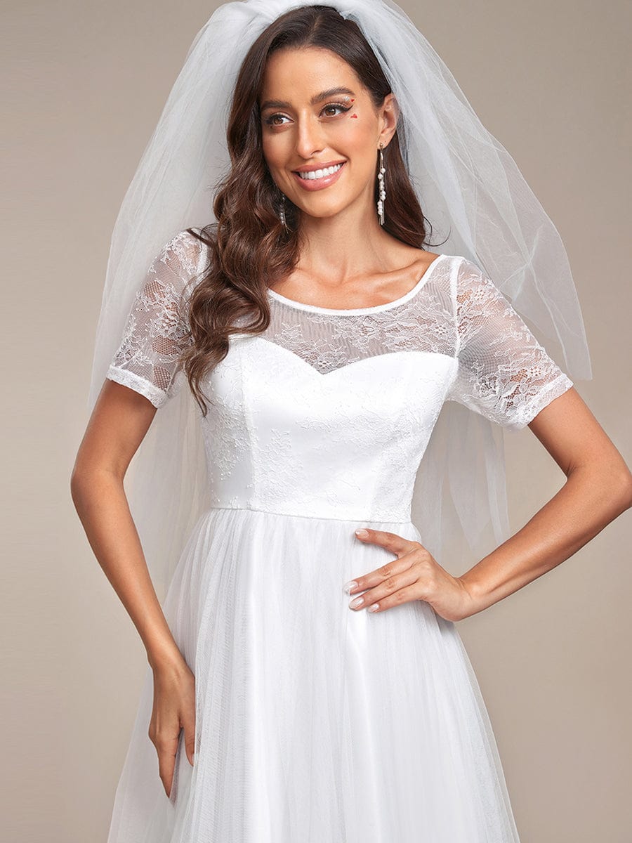 Short Sleeve Corset Lace-Up A-Line Wedding Dress #Color_White