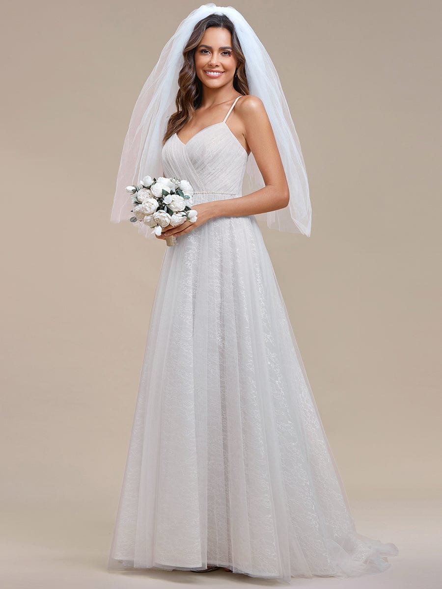 Spaghetti Strap Waist Pearl Sweetheart Collar Tulle Wedding Dress with Lace #color_Ivory