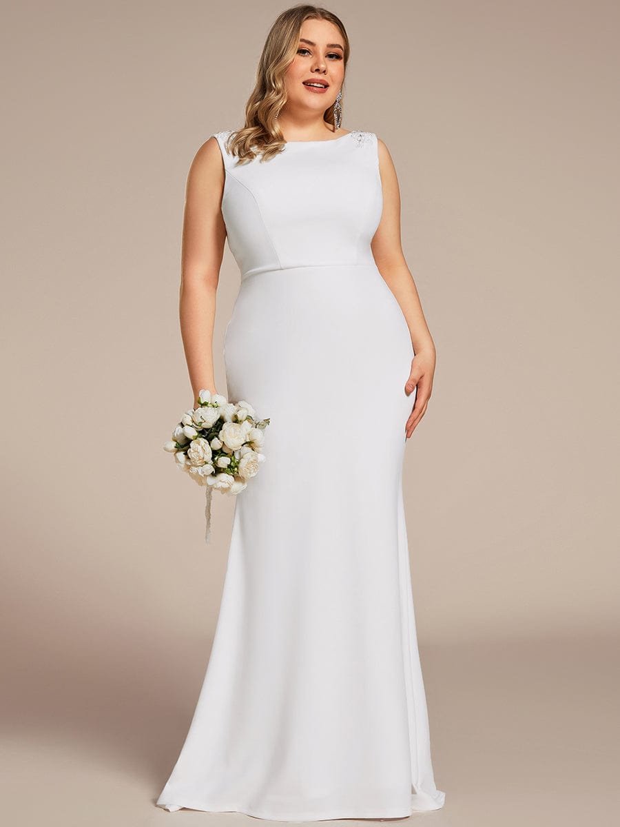 Plus Size Sleeveless Round Neck Bodycon Fishtail Wedding Dress #color_White