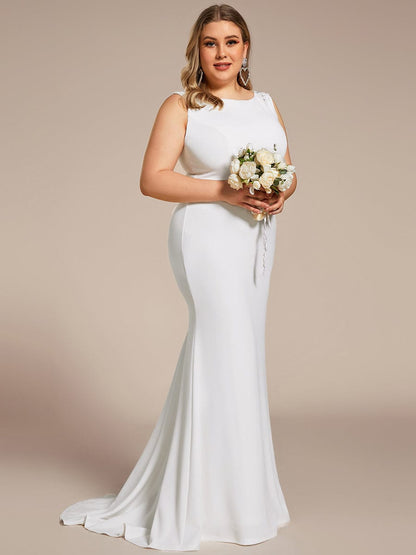 Plus Size Sleeveless Round Neck Bodycon Fishtail Wedding Dress #color_White