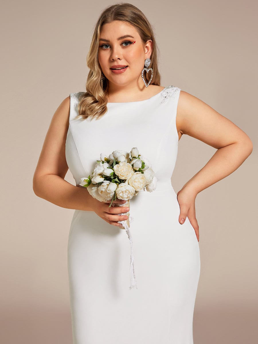 Plus Size Sleeveless Round Neck Bodycon Fishtail Wedding Dress #color_White