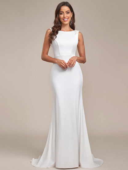 Bodycon Sleeveless High Neck Low Back Fishtail Wedding Dress #color_White