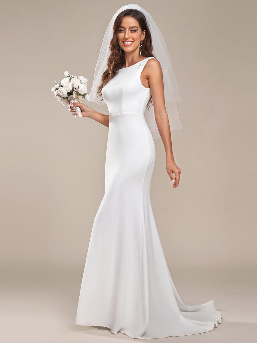 Bodycon Sleeveless High Neck Low Back Fishtail Wedding Dress #color_White